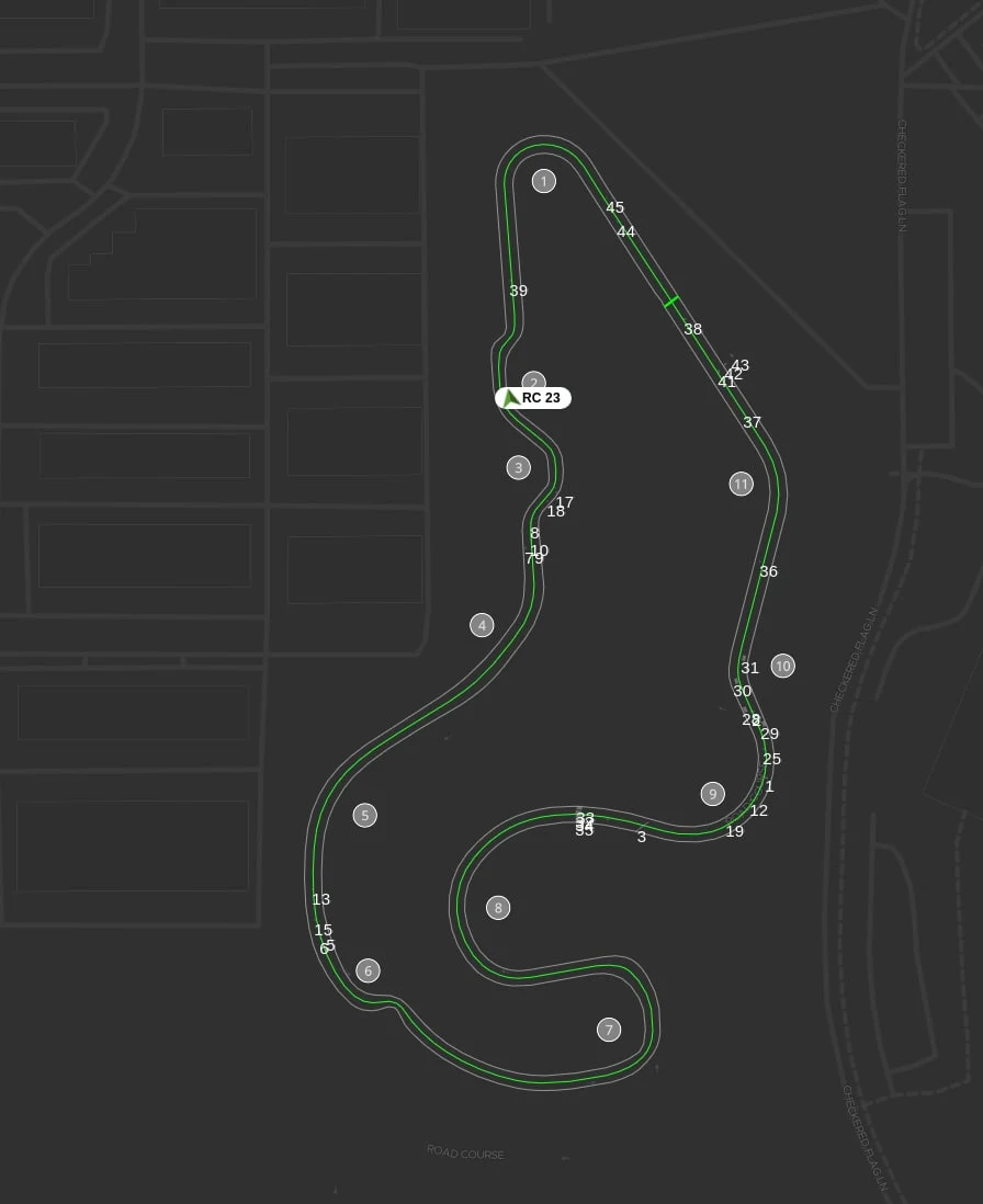 Race Control map showing the circuit path, a live car marker, numbered track positions, and circular virtual obstacle markers.