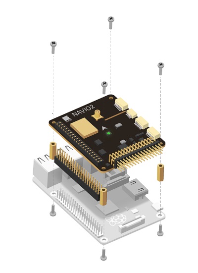 Exploded mounting diagram showing the Navio2 expansion board above a Raspberry Pi using GPIO headers, screws, and brass spacers.